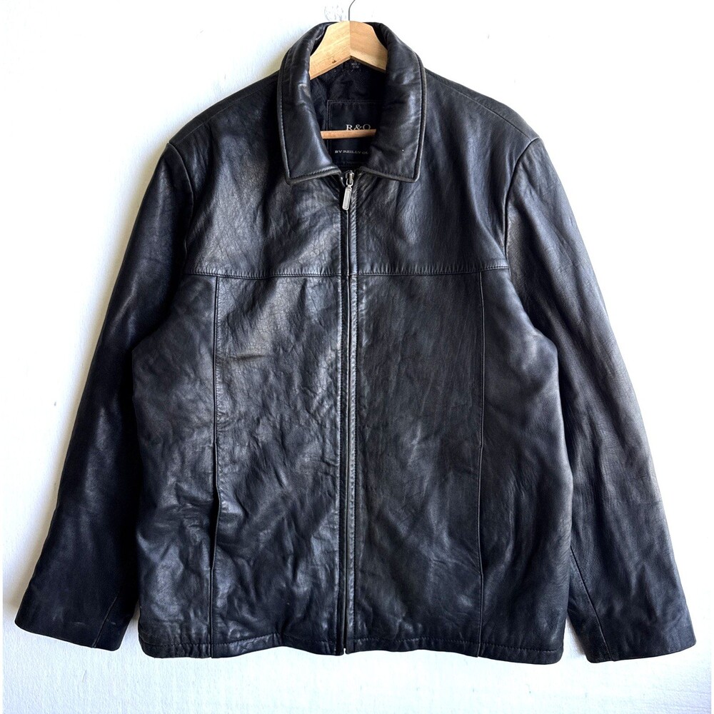 R&O Men’s Large Black Leather Bomber Jacket Quilted Lining Casual Outerwear